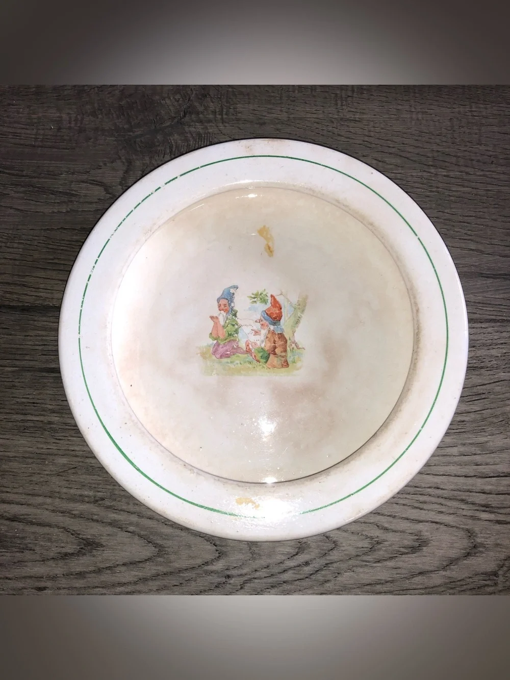 Antique (?) ELPCO China Nursery Gnome Child’s Plate 7.5” Green Rim Made in USA